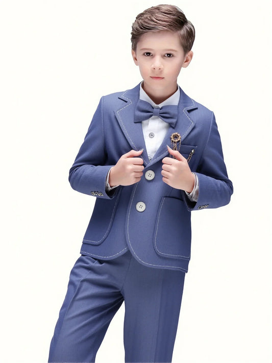 1-11Years Boys British Style Formal Suit Set Kids 5Pieces Wedding Birthday Outfit Set With Jacket Vest Pants Bowtie Brooch