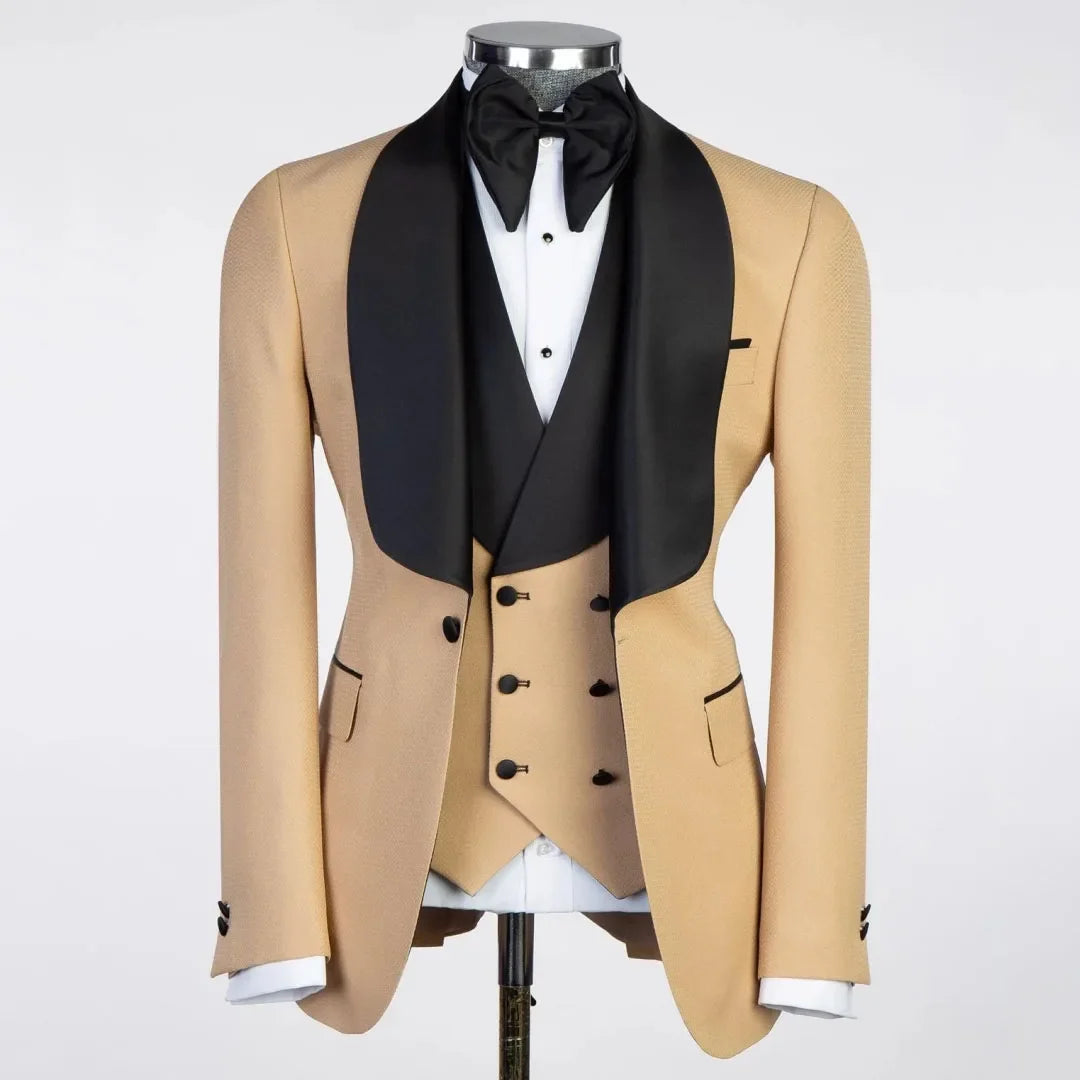 Men Suit Champagne 3 Piece With Black Lapel For Wedding Groom Banquet Party Birthday Prom Business Work Office Jacket Vest Pants