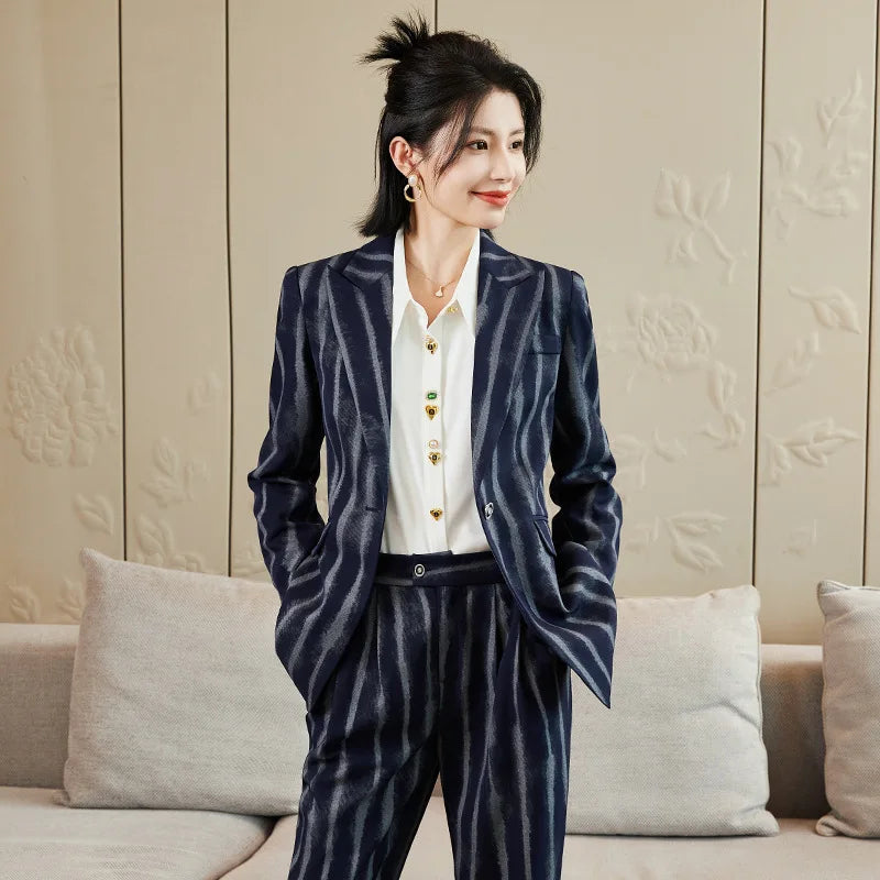 Fashion Autumn Winter Ladies Pant Suit Women Striped Female Business Work Wear Jacket Blazer and Trouser Formal 2 Piece Set