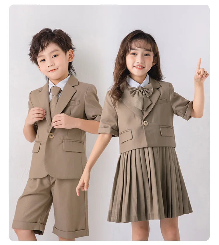 Child School Uniform Girls Korean Jacket Pleated Dress Summer Outfits Boys Blazer Formal Suits Shorts Kids Student Clothes Sets
