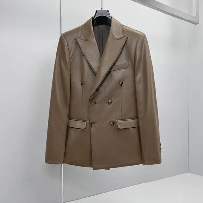 Brand Spring  Autumn Men's Double Breasted Leather Suit Jacket Casual Business Leather Blazers Wedding Groom Social Banquet Coat
