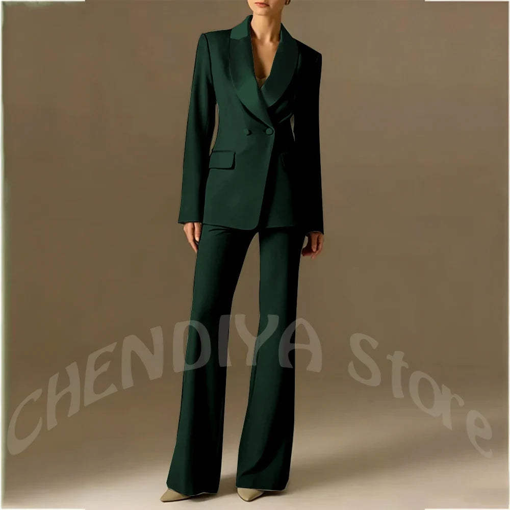 Classic Shawl Lapel Suit For Women Elegant Double Breasted Outfit Solid Color Two Piece Straight Modern Style Office Wear