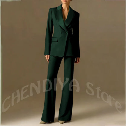 Classic Shawl Lapel Suit For Women Elegant Double Breasted Outfit Solid Color Two Piece Straight Modern Style Office Wear