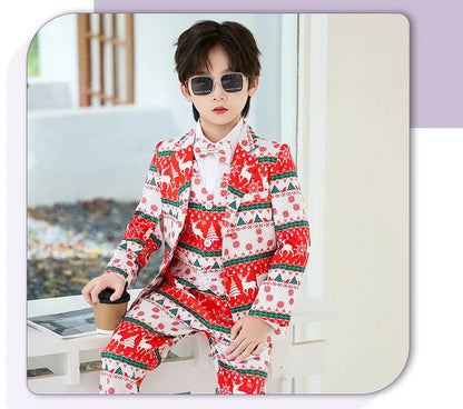 Boys Christmas Blazer Jacket Waistcoat Pants Wedding Suits Kids Morning Coat Formal Dress Children Tuxedos Toddler Clothes Sets