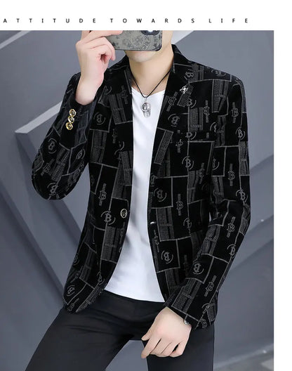 Autumn Luxury Corduroy Suit Jacket for Men Letter Printed Casual Business Men Blazers Slim Fit Social Banquet Party Dress Coats