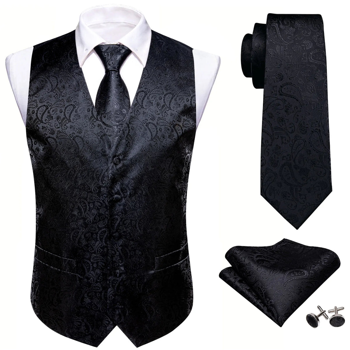 Men's Formal Vest Tie Set 4-Piece Paisley Jacquard Waistcoat for Men Wedding Business