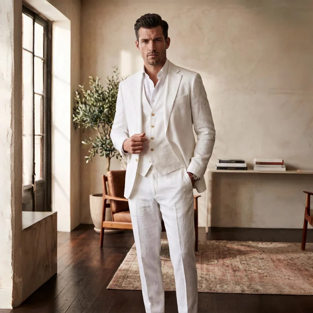 3 Pieces Linen Breathable Suit Separates Blazer with Vest Pant for Men Summer Beach Wedding Casual Party Suits for Men Suits