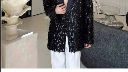 Design Patchwork Burr Original Casual Shoulder Pad Sequin Blazer Coat Men's 2025 Autumn Fashion Temperament Jacket JY7384