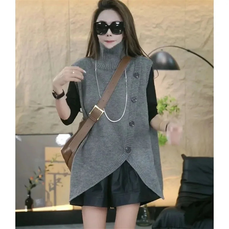 Women Large Size 4XL Knit Waistcoat Coat Ladies Irregular Sweater Vest Tops Autumn Female High Collar Sleeveless  ﻿