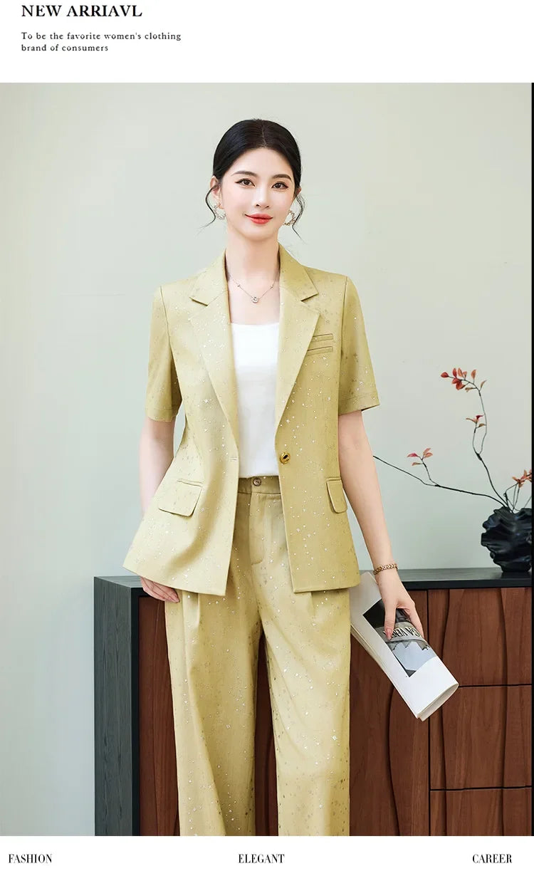 Fashion Blue Yellow Short Sleeve Professional Suit Women New Summer Elegant Formal Slim Blazer And Pants Office Ladies Work Wear