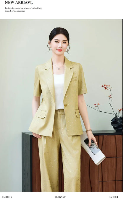 Fashion Blue Yellow Short Sleeve Professional Suit Women New Summer Elegant Formal Slim Blazer And Pants Office Ladies Work Wear