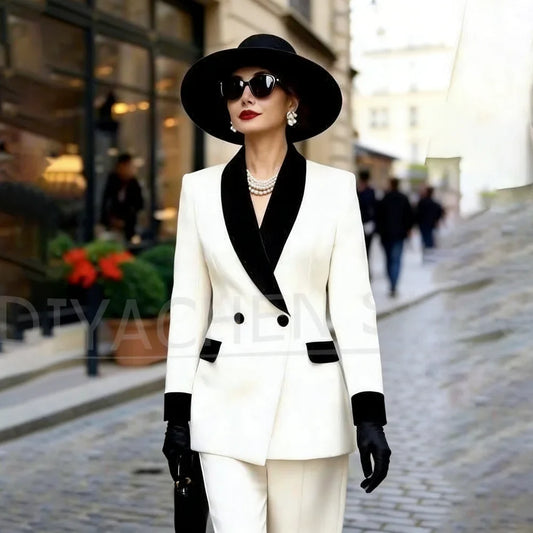Women Suit 2 Piece Set With Black Velvet Shawl Lapel Double Breasted Slim Fit Formal Blazer Pants For Office Wedding Party