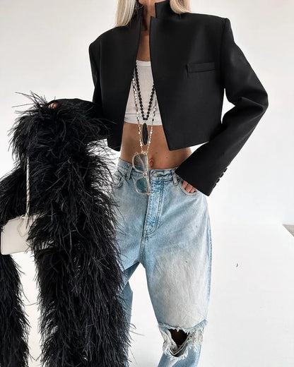 Womens Black Cropped Stand Collar Long Sleeve Blazer Jacket 2026 New Spring Fall Office Niche Design Chic Trendy Classy Workwear