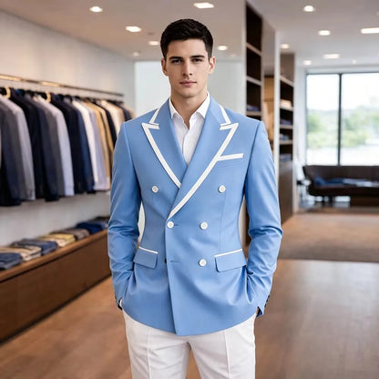 New Fashion Double Breasted Jacket for Men Peak Lapel Slim Fit Suit Blazer for Prom Party Wedding Business One Coat