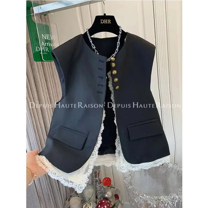 Fashion Loose Lace Patchwork Fake Two-piece Suit Vest Jacket Women's Korean  Spring  Autumn Sleeveless Top