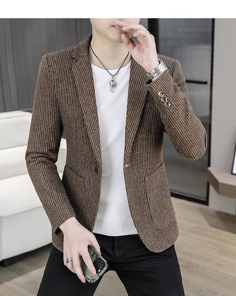 2025 Autumn Men's Casual Suit Jacket Fashion Slim Fit Striped Blazers Streetwear Social Business Versatile Formal Dress Coats