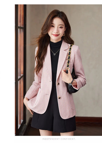 Women Office Ladies Single Breasted Slim Blazer Coat Autumn Winter Fashion Plaid Temperament Long Sleeved Elegant Tops Vacation
