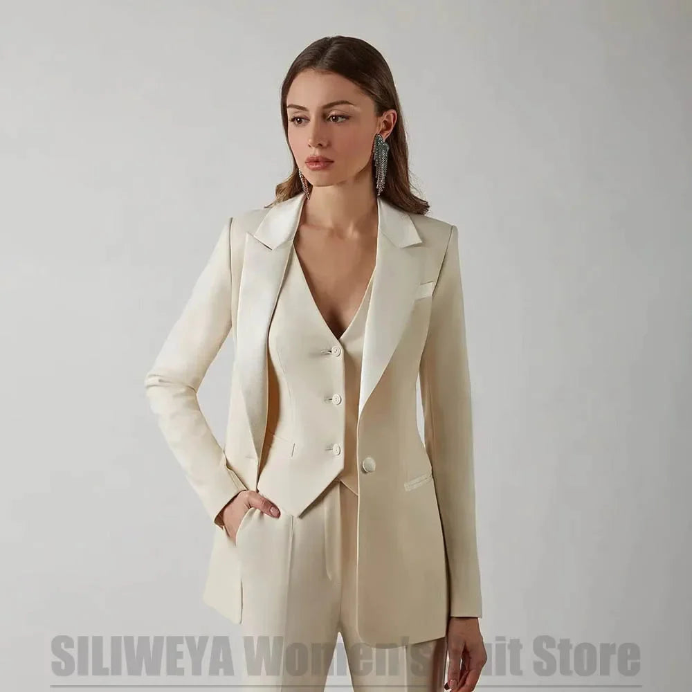 Fashion Women's Suit Set Satin Peak Lapel One Button Formal Outfit Wedding Party Prom Tuxedo 3 Piece (Blazer+Vest+Pants)