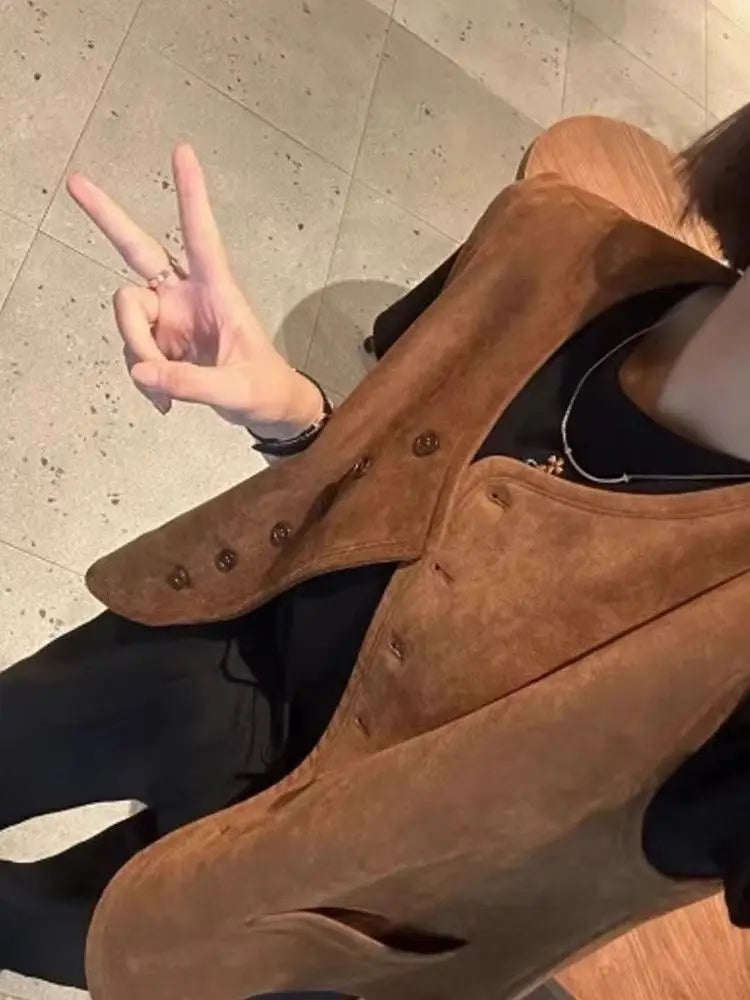 Spring Autumn Suede Sleeveless Vest For Women New O-Neck Single Breasted Waistcoat Female Korean Loose Short Vest Jacket