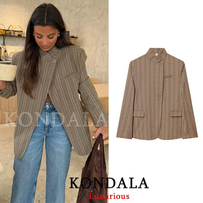 Office Lady Chic Plaid Women Blazer Single Button Front Split Oversize Blazer Fashion 2026 Spring Summer Office Lady Top