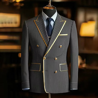 Pinstripe Double Breasted Peak Lapel Mens Suit Jacket Business Slim Fit Gold Trim Striped Coat Formal Wedding Prom Banquet Party