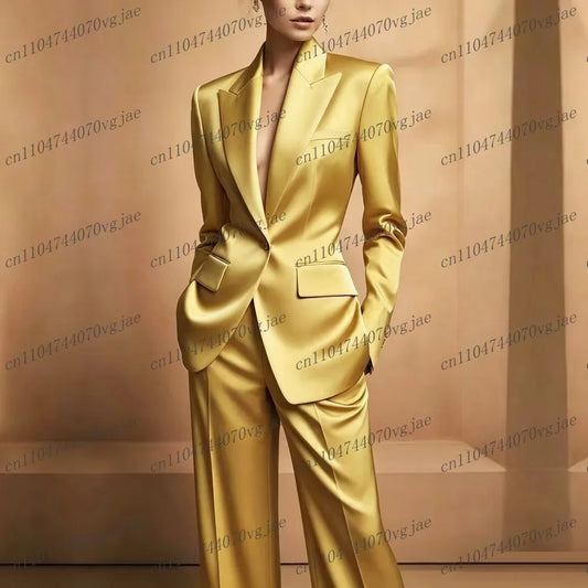 Fashion Gold Acetate Satin Women Suit Formal Wedding Party Business Prom Ladies Girl Mother Costume 2 Piece Set Jacket Pants