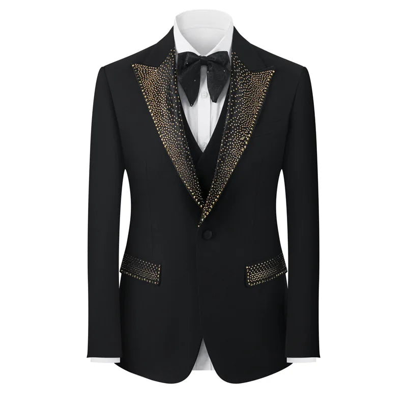 Rhinestone Lapel 3 Piece Suit Set (vest+Blazer+Trousers) Business Formal Casual Suits Wedding Groom Party Stage Men's Suit M-5XL