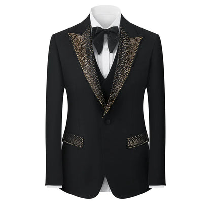 Rhinestone Lapel 3 Piece Suit Set (vest+Blazer+Trousers) Business Formal Casual Suits Wedding Groom Party Stage Men's Suit M-5XL