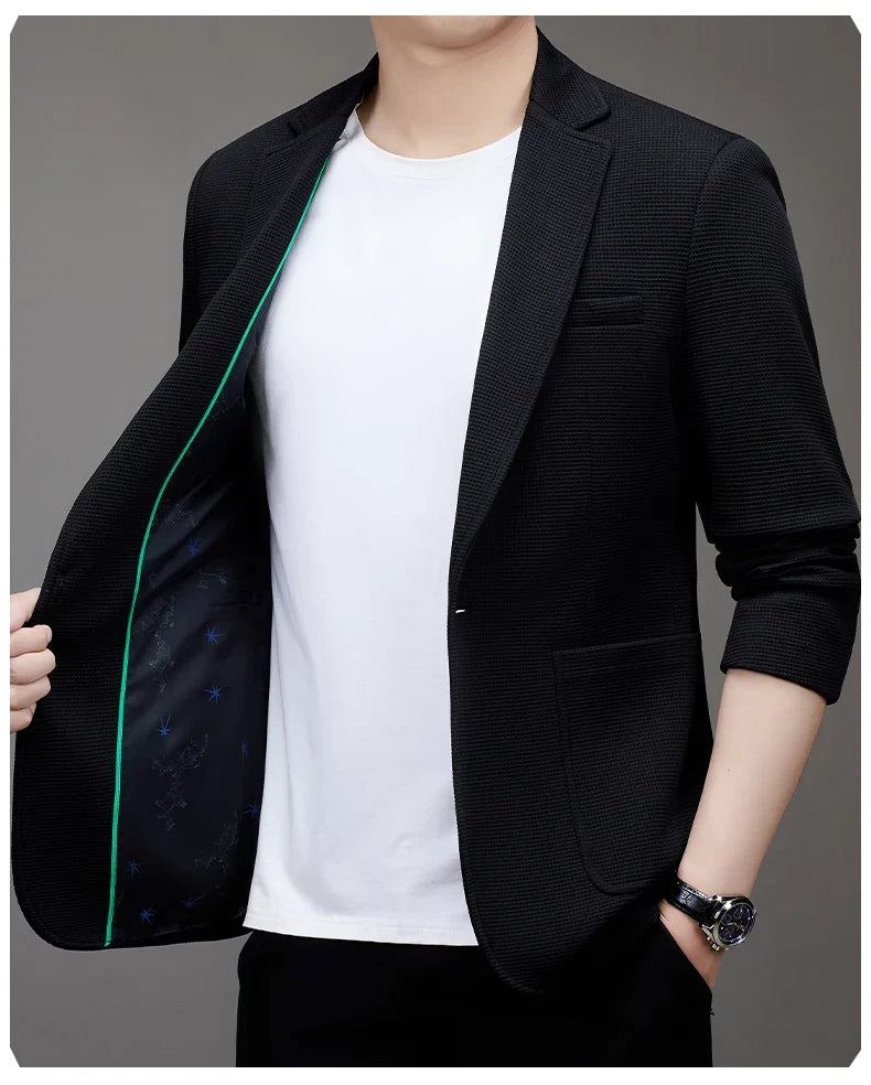 New men's suit jacket with non-stretch flat collar, waffle pattern, for business casual and fitted formal wear.