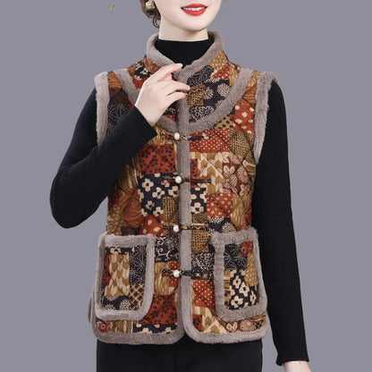 Middle-aged Mother Add Velvet Warm Vest Coat Autumn Winter New Printed Fleece Sleeveless Jacket Grandma Thicken Warm Waistcoat