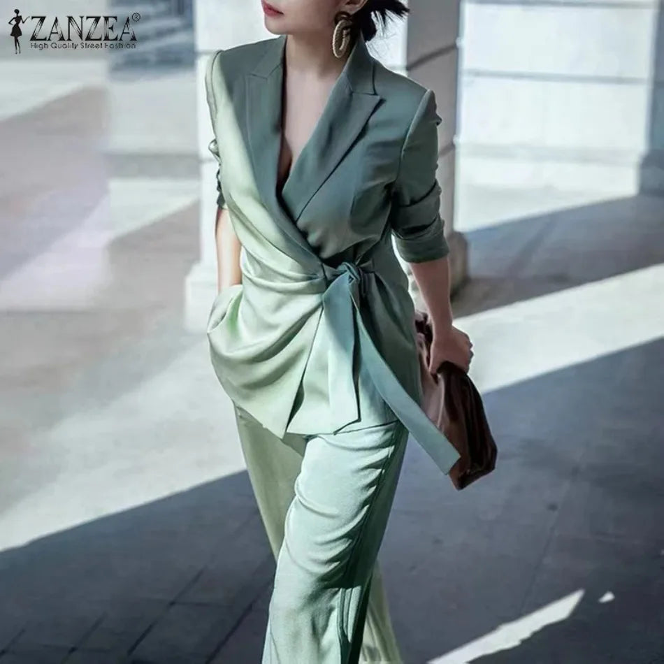 Spring 2pcs Office Women Matching Sets Solid Work OL Blazer Suits Fashion Long Sleeve Shirt Wide Leg Pant Sets Outfit 2026