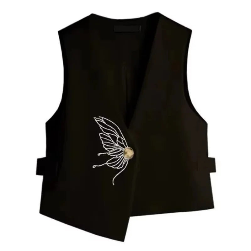 Retro Ladies Solid Color Sleeveless Coat Spring Autumn Women Fashion Embroidered Suit Waistcoat Top Female Irregular Vest Jacket