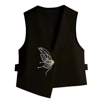 Retro Ladies Solid Color Sleeveless Coat Spring Autumn Women Fashion Embroidered Suit Waistcoat Top Female Irregular Vest Jacket
