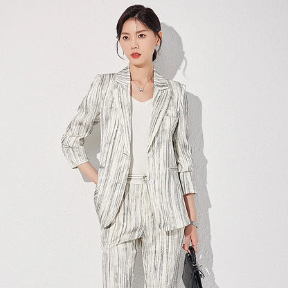 Fashion Women Striped Pants Suit New Spring Business Formal Slim Long Sleeve Thin Blazer and Trousers Office Ladies Work Wear