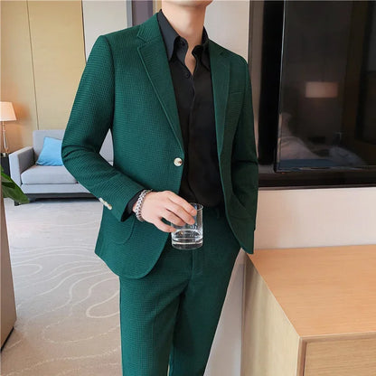 2025 New Waffle Blazers +Pant 2 Piece Set Men Fashion Business Slim Fit Solid Tuxedo Groom Wedding Prom Wear Casual Men's Sets