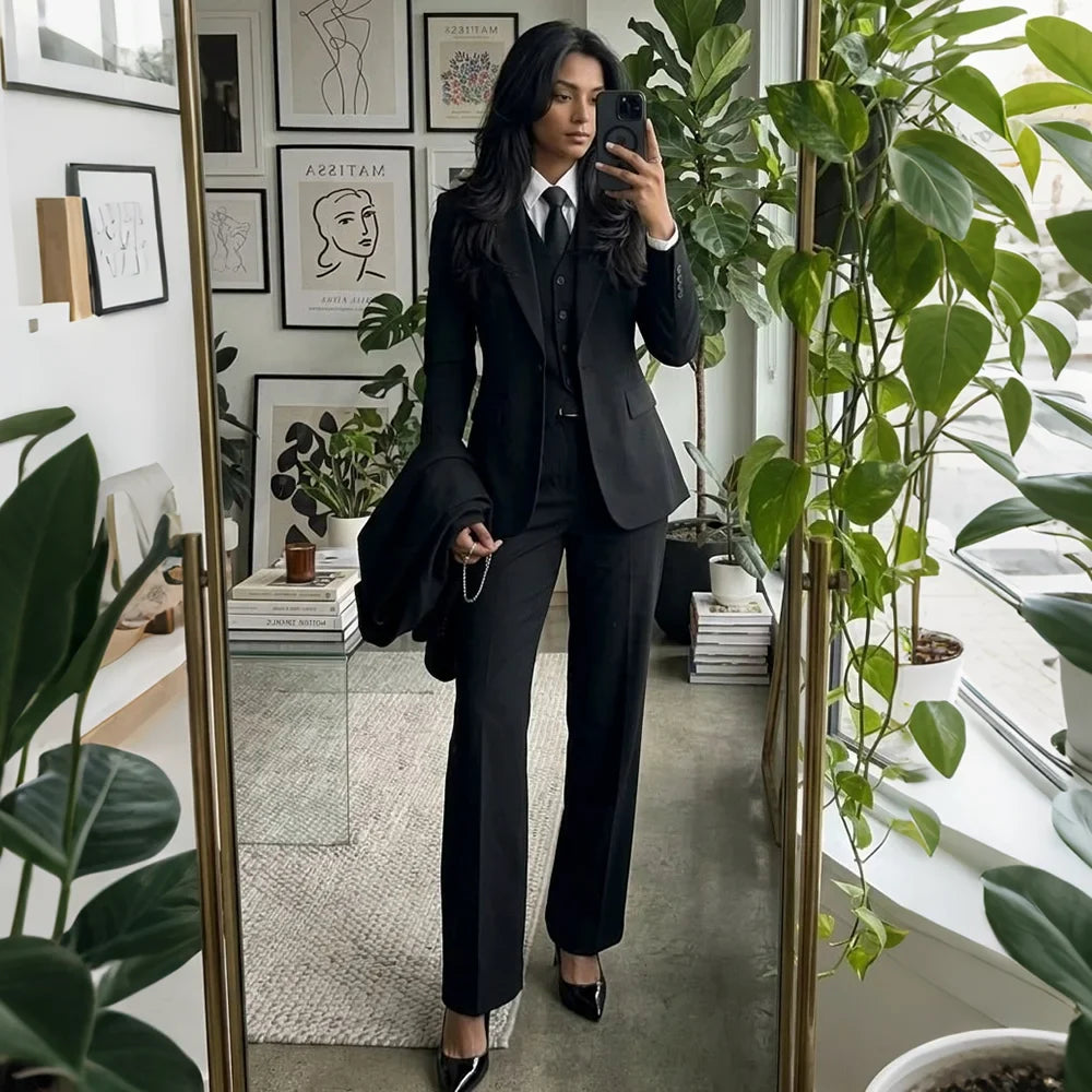 Powerful Women Black 3 Piece Suit Minimalist Blazer Vest Wide Leg Pants Elegant Formal Office Business Wedding Lady Set