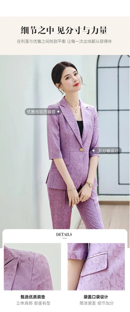 Fashion Purple Half Sleeve Professional Suit Women New Summer Elegant Formal Slim Blazer And Pants Office Ladies Work Wear