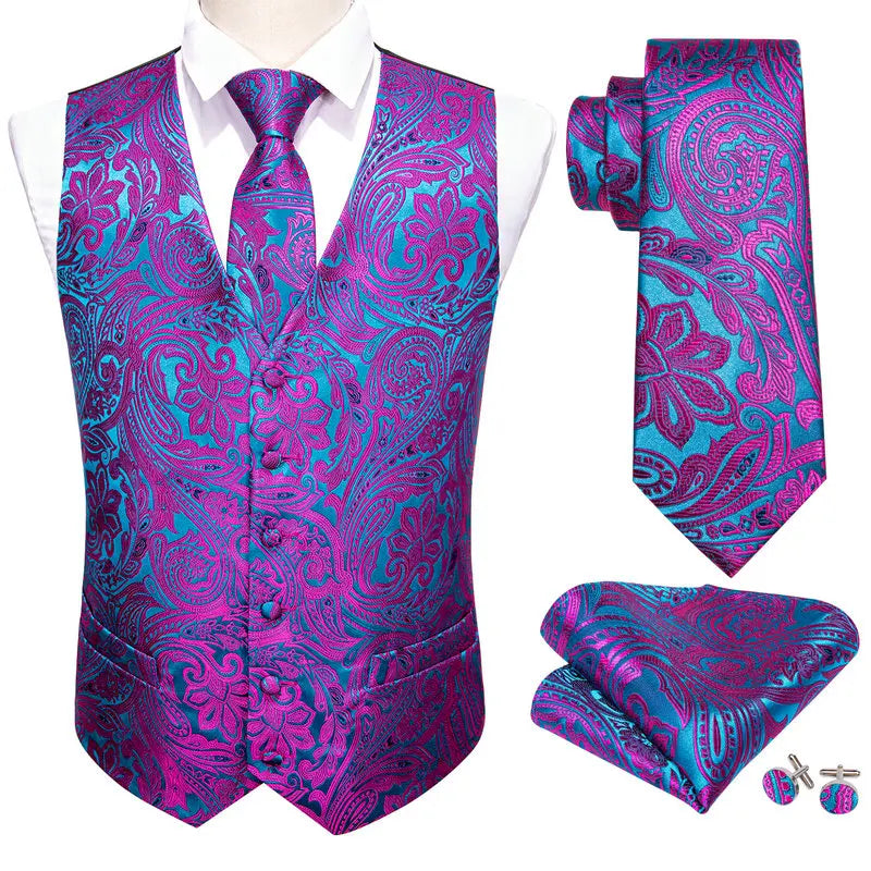 Men's Waistcoat Purple Embroidered Silk Vest with Tie and Pocket Square for Weddings and Formal Events