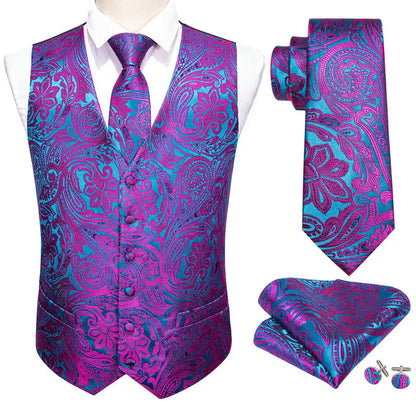Men's Waistcoat Purple Embroidered Silk Vest with Tie and Pocket Square for Weddings and Formal Events