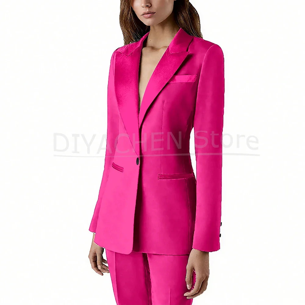 Pants Sets 2 Piece Fashion Satin Peak Lapel Single Button Solid Color Outfits Chic Casual Slim Daily Office Women's Suit