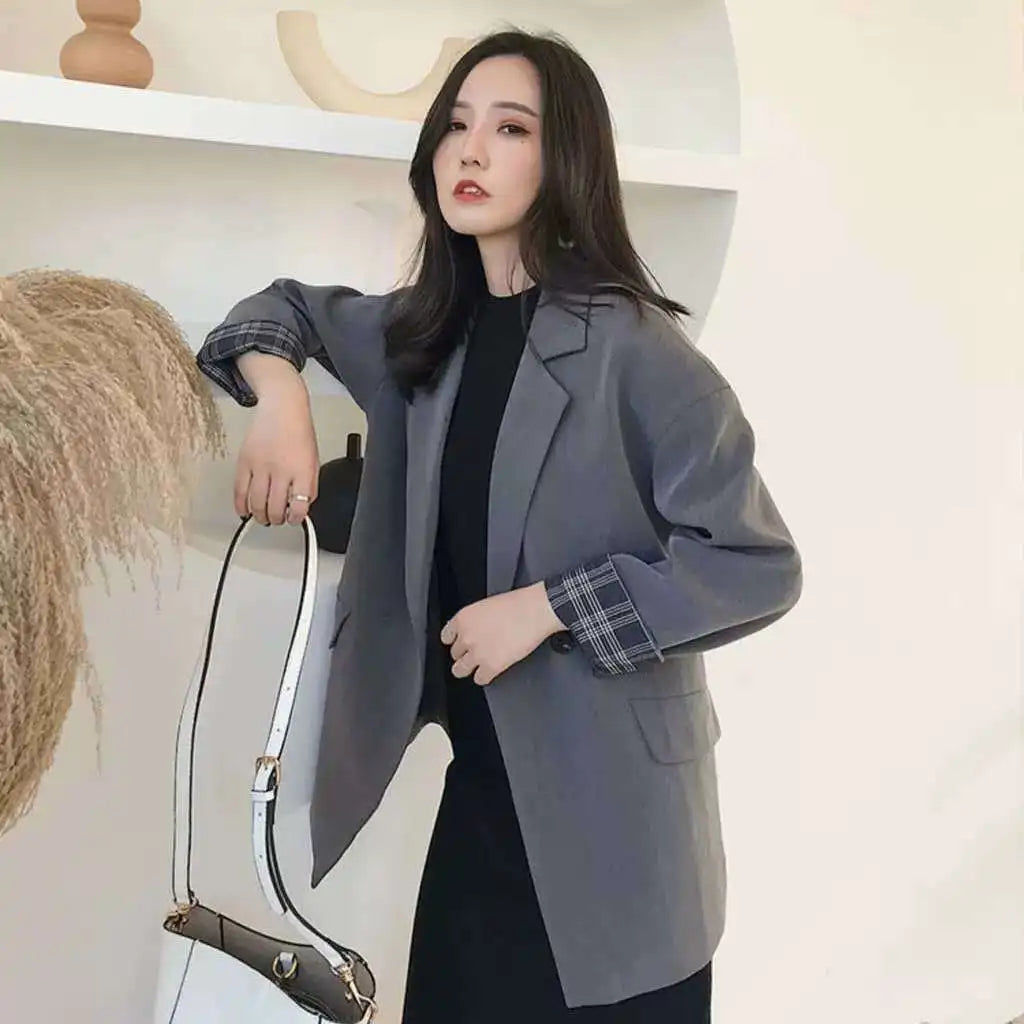 2025 Spring Autumn New Women's Blazer Korean Loose Fit Casual Versatile Patchwork Plaid Cuffs Drapey Mid Length