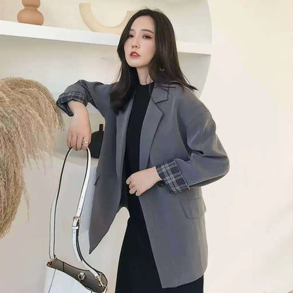 2025 Spring Autumn New Women's Blazer Korean Loose Fit Casual Versatile Patchwork Plaid Cuffs Drapey Mid Length