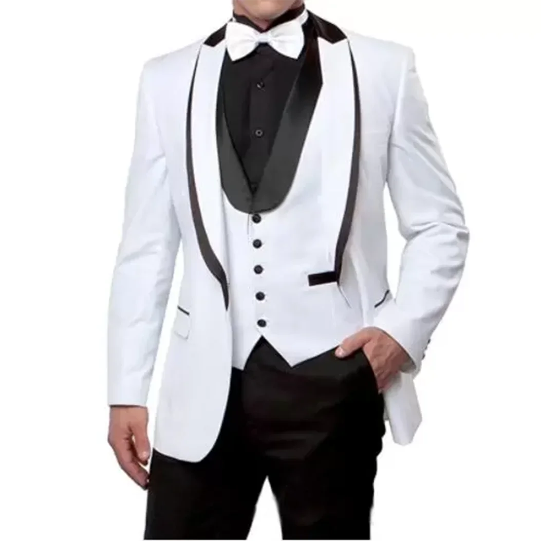 White Men wedding Suits Fashion Groom Tuxedos Slim Fit Business Casual Shawl Lapel 3 Piece (Blazer+Vest+Pants) Costume Homme