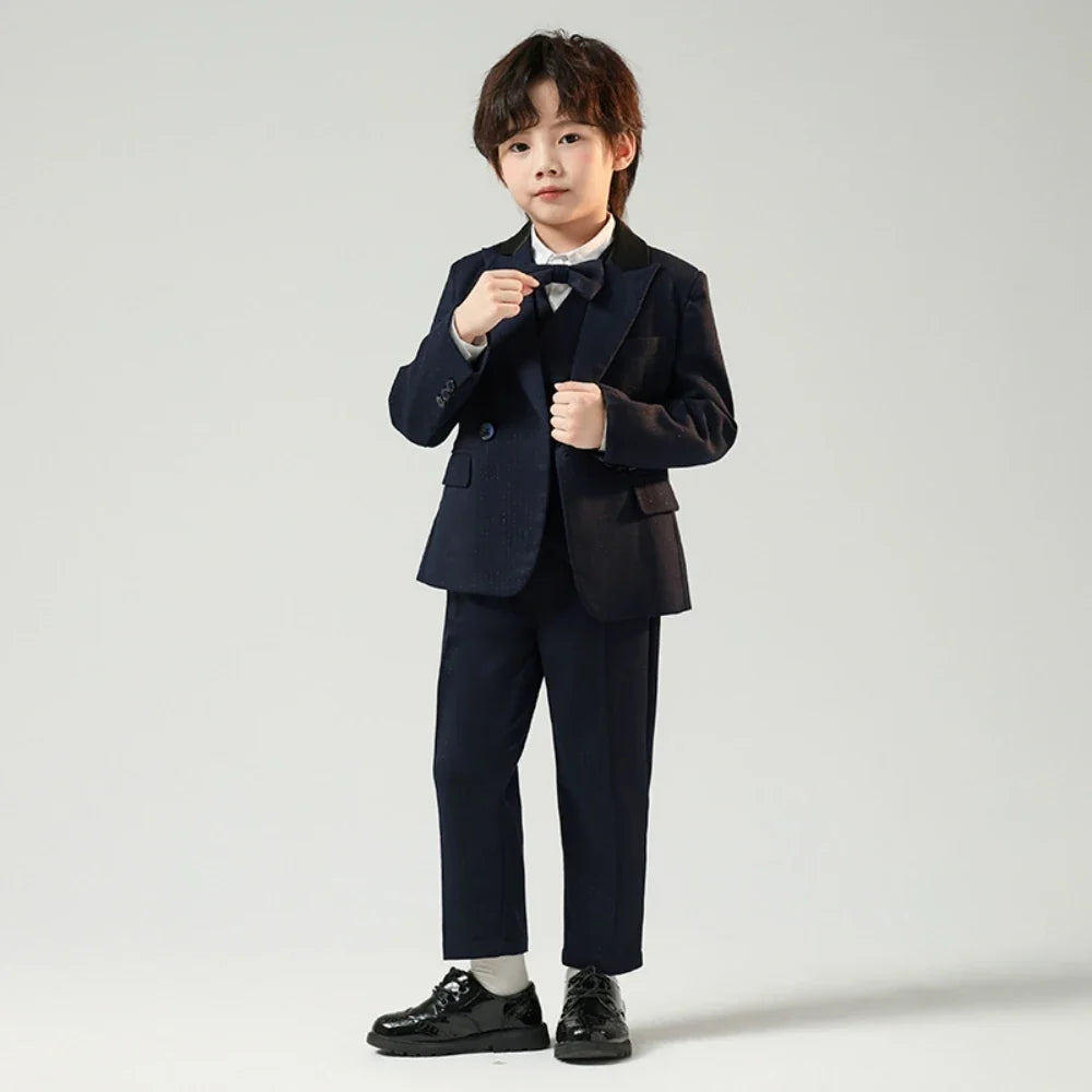 Navy Children's Fashionable Suit Set 5 Pieces,Double Breasted Boys Suits For Banquet Party,Kids Tuxedo Performance Wear