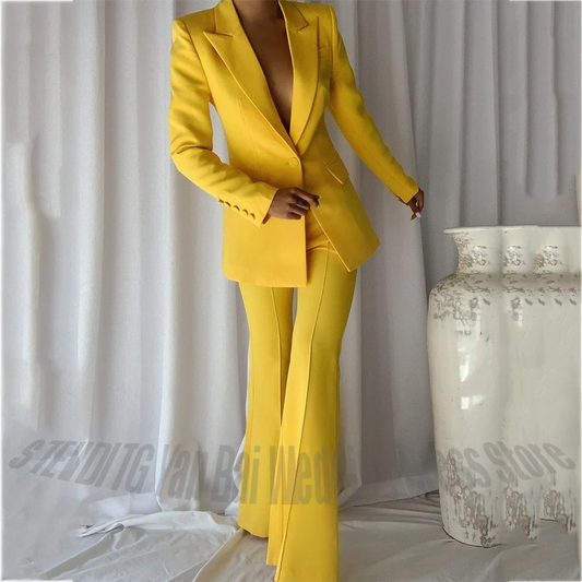 Bright Yellow Single Button Women Two Piece Set Slim Blazer Pants Solid Color Peak Lapel Suit Elegant Business Female Clothing