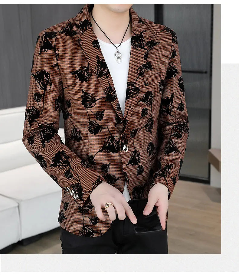 Blazer: Outdoor Fashion Business Gentleman Print Wedding Host Campus Slim-fit Casual Korean-style Youthful Versatile Men Blazer