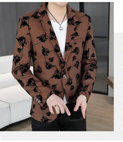 Blazer: Outdoor Fashion Business Gentleman Print Wedding Host Campus Slim-fit Casual Korean-style Youthful Versatile Men Blazer