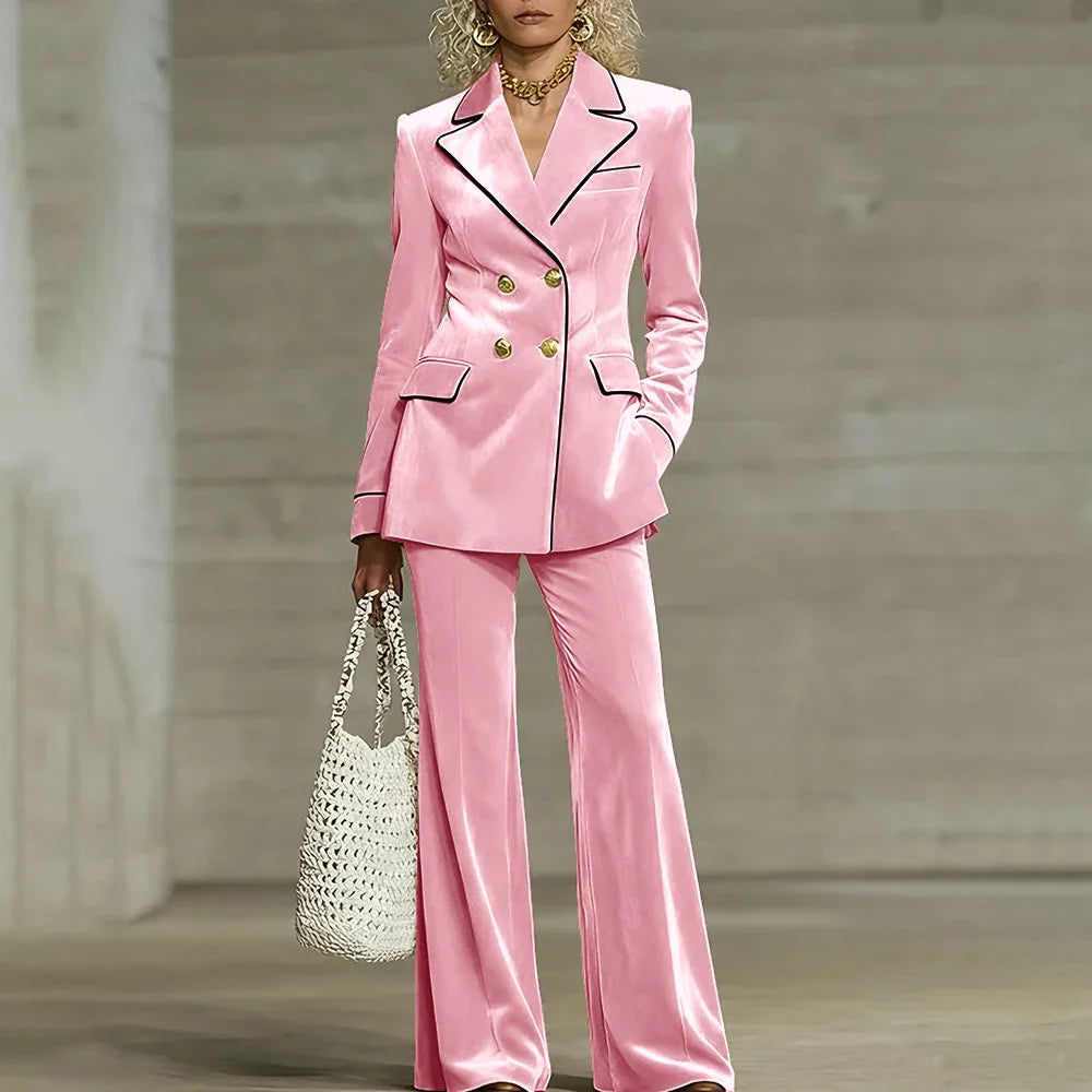 Luxury Women Yellow Velvet Clothing Double-Breasted Blazer+Pants Sets Elegant Winter Daily Suit Slim Fit Office Outerwears