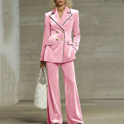 Luxury Women Yellow Velvet Clothing Double-Breasted Blazer+Pants Sets Elegant Winter Daily Suit Slim Fit Office Outerwears