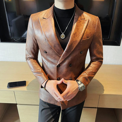 Retro Double Breasted Leather Jacket Mens High-end Fashion Slim Fit business Casual Suit Coat Formal Social Party Prom Tuxedos
